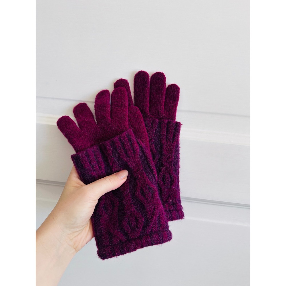 Plum Burgundy Cable Knit Layered Arm Warmer Full Finger Gloves Winter Warm